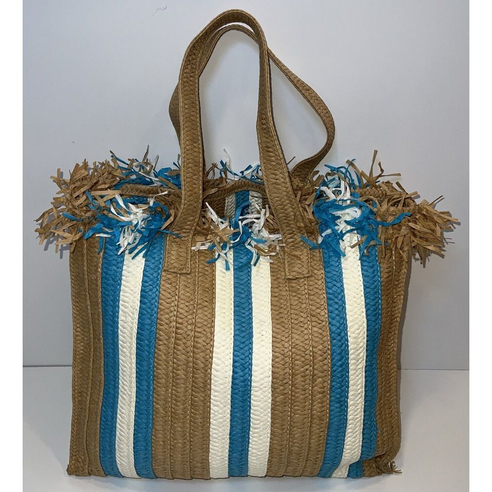 BTB Los Angeles Woven Fringe Tote Blue Stripes Beach Bag Festival